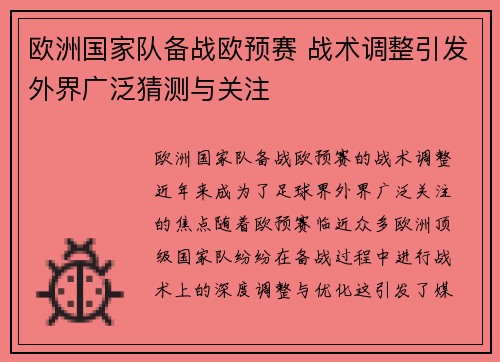 欧洲国家队备战欧预赛 战术调整引发外界广泛猜测与关注