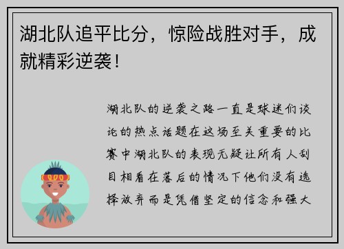 湖北队追平比分，惊险战胜对手，成就精彩逆袭！