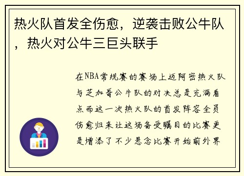 热火队首发全伤愈，逆袭击败公牛队，热火对公牛三巨头联手