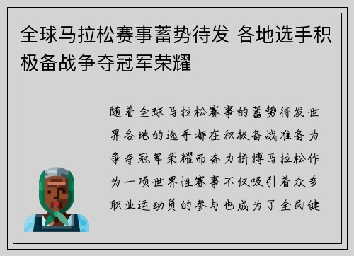 全球马拉松赛事蓄势待发 各地选手积极备战争夺冠军荣耀