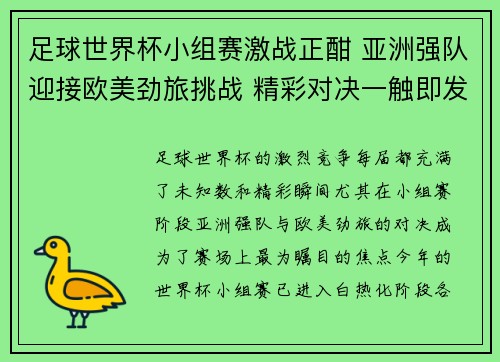 足球世界杯小组赛激战正酣 亚洲强队迎接欧美劲旅挑战 精彩对决一触即发